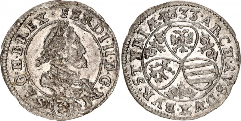 Austria 3 Kreuzer 1633
KM# 709; Silver; RDR, Haus Habsburg, Ferdinand II, Graz ...