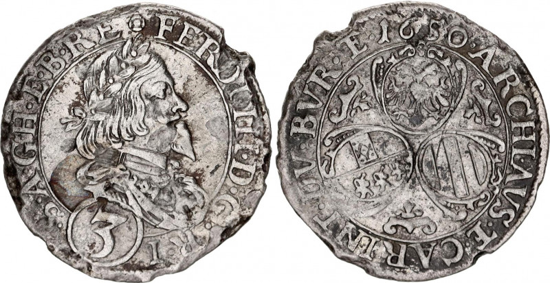 Austria 3 Kreuzer 1650
KM# 835; Silver; RDR, Haus Habsburg, Ferdinand III, St. ...