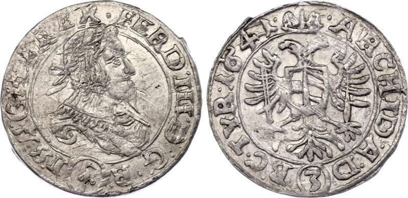 Austria 3 Kreuzer 1641
KM# 837; Her# 674; Silver; Ferdinand III; Mint: Vienna; ...