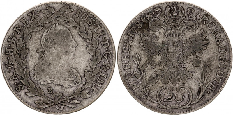 Austria 20 Kreuzer 1781 B
KM# 2069; RDR, Haus Habsburg, Joseph II; Silver, VF.