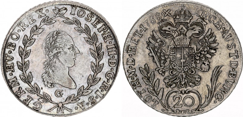 Austria 20 Kreuzer 1788 G
KM# 2069; RDR, Haus Habsburg, Joseph II; Silver, XF-A...