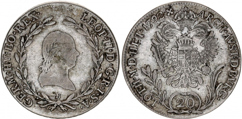 Austria 20 Kreuzer 1792 B
KM# 2097; RDR, Haus Habsburg, Leopold II; Silver, VF.