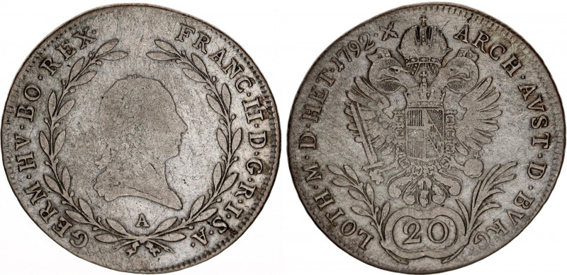 Austria 20 Kreuzer 1792 A
KM# 2139; RDR, Haus Habsburg, Franz II; Silver, VF.