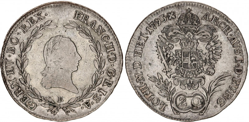 Austria 20 Kreuzer 1793 B
KM# 2139; RDR, Haus Habsburg, Franz II; Silver, VF.