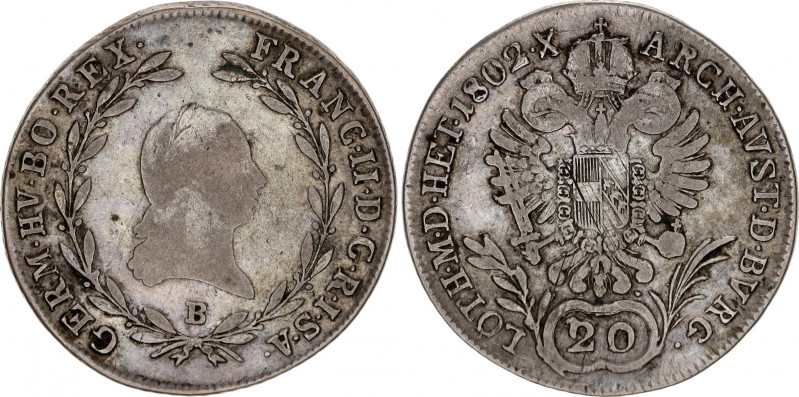 Austria 20 Kreuzer 1802 B
KM# 2139; RDR, Haus Habsburg, Franz II; Silver, VF.