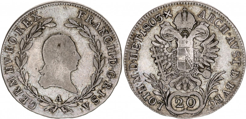 Austria 20 Kreuzer 1803 A
KM# 2139; RDR, Haus Habsburg, Franz II; Silver, VF.