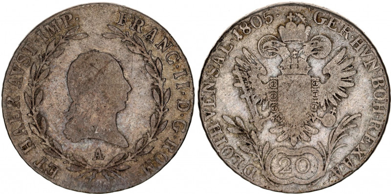 Austria 20 Kreuzer 1805 A
KM# 2140; RDR, Haus Habsburg, Franz II; Silver, VF.