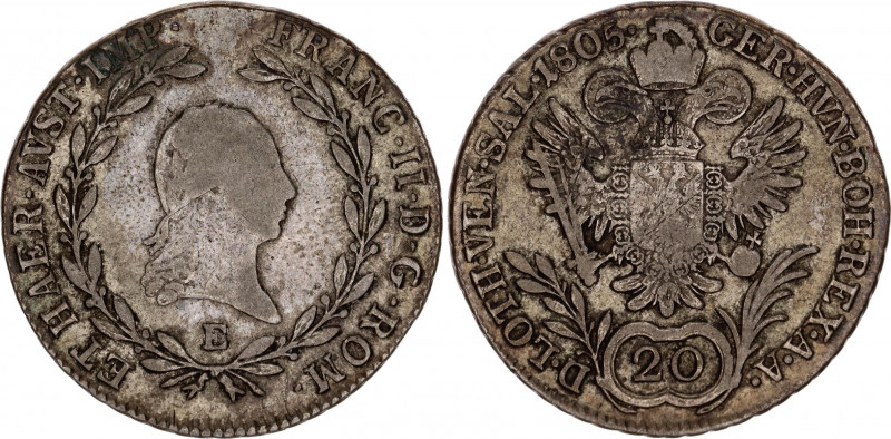 Austria 20 Kreuzer 1805 E
KM# 2140; RDR, Haus Habsburg, Franz II; Silver, VF.