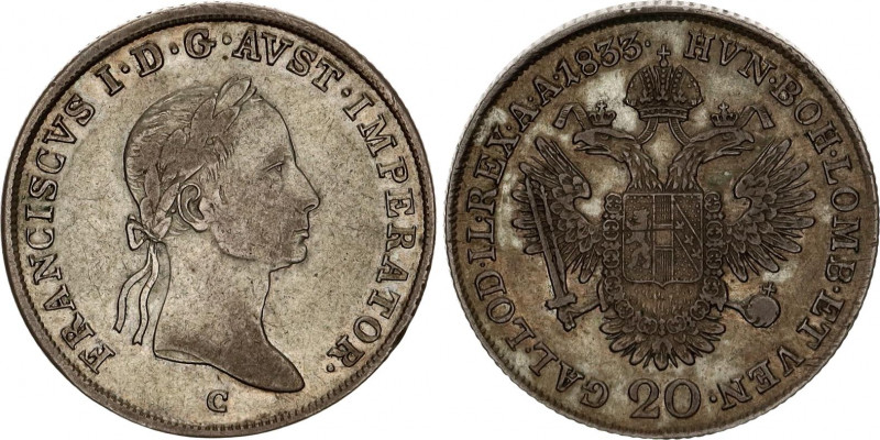 Austria 20 Kreuzer 1833 C
KM# 2147; Schön# 76; Silver; Franz I; Mint: Prague; X...