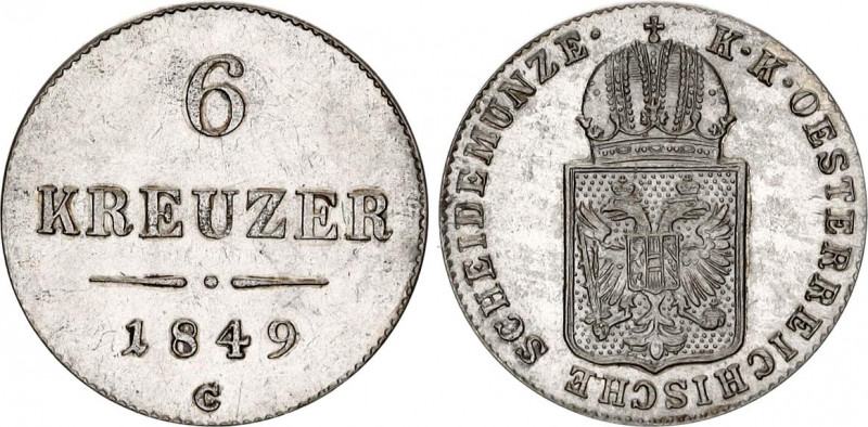 Austria 6 Kreuzer 1849 C
KM# 2200; Silver; Franz Joseph I; Mint: Prague; UNC