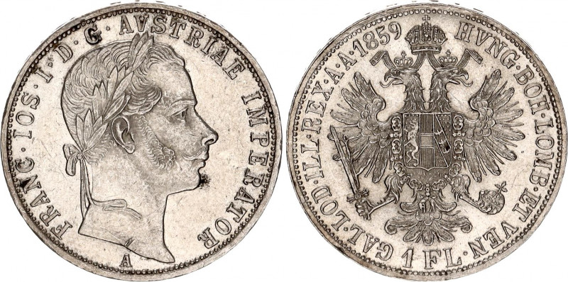 Austria 1 Florin 1859 A
KM# 2219; Silver; Franz Joseph I; AUNC with minor hairl...