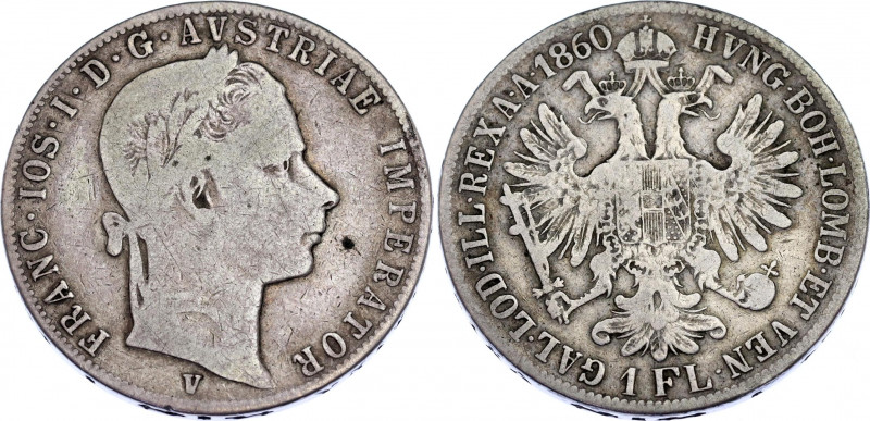 Austria 1 Florin 1860 V R2
KM# 2219, Valovic R2; Franz Joseph I; Silver, F.