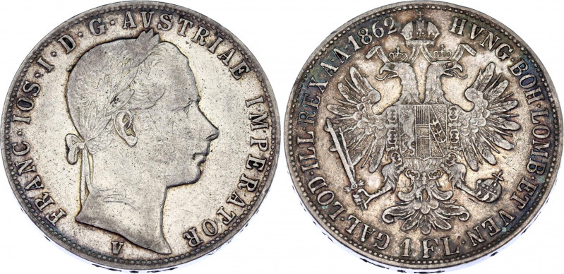 Austria 1 Florin 1862 V R1
KM# 2219, Valovic R1; Franz Joseph I; Silver, XF.