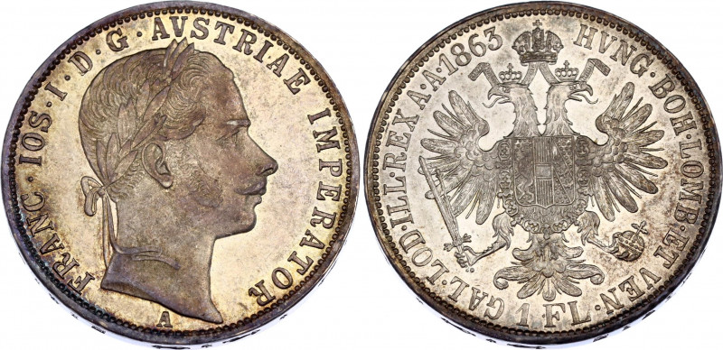 Austria 1 Florin 1863 A
KM# 2219; Franz Joseph I; Silver, AU-UNC, mint luster.