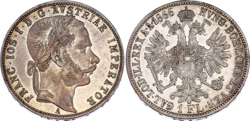 Austria 1 Florin 1866 A
KM# 2220; Franz Joseph I; Silver, VF.