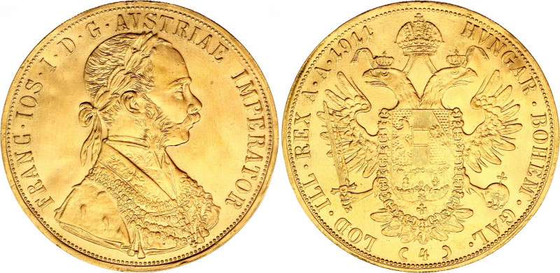 Austria 4 Ducat 1911
KM# 2267; Gold (.986) 13.84 g., 40 mm.; Franz Joseph I; XF