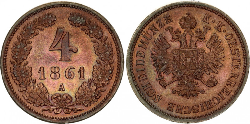 Austria 4 Kreuzer 1861 A
KM# 2294; ÉH# 1479; Copper; Franz Joseph I; Mint: Vien...