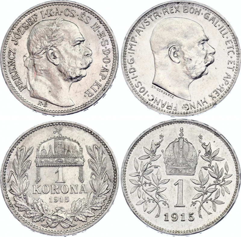 Austria - Hungary 2 x 1 Corona / Korona 1915
KM# 492, 2820; Silver; Franz Josep...