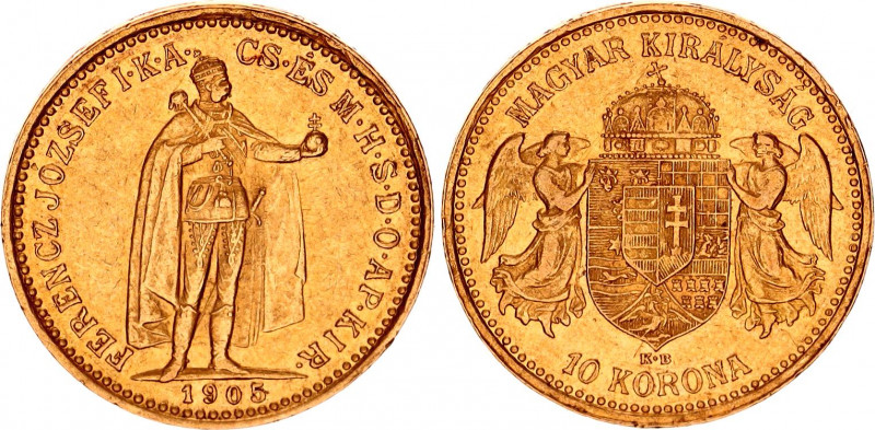 Hungary 10 Korona 1905 KB
KM# 485; ÉH# 1491; H# 2200; Gold (.900) 3.39 g.; Fran...