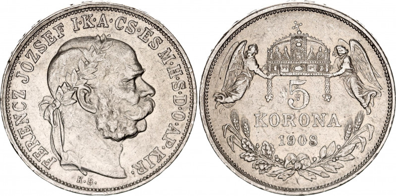 Hungary 5 Korona 1908 KB
KM# 488; H# 2201; ÉH# 1492; Silver; Franz Joseph I; Mi...