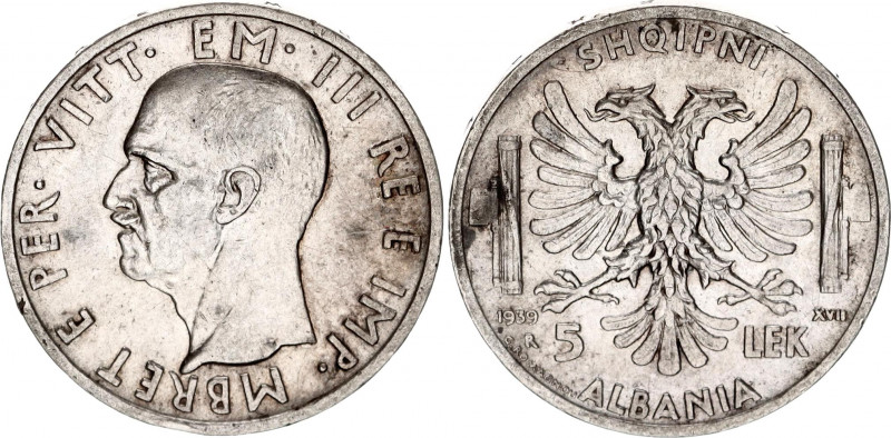 Albania 5 Lek 1939
KM# 33; Silver; Vittorio Emanuele III; XF