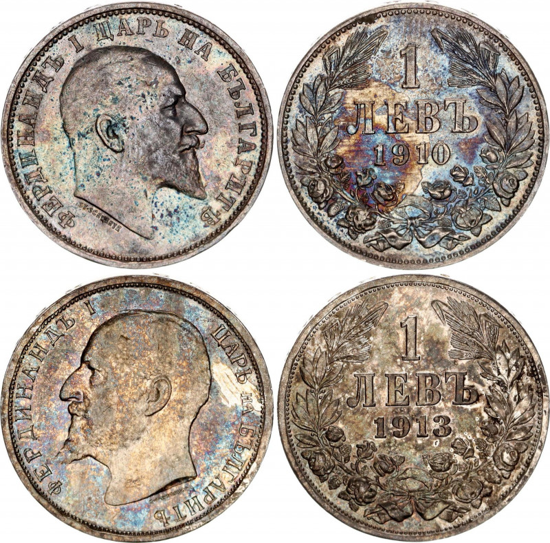 Bulgaria 2 x 1 Lev 1910 - 1913
KM# 28, 31; Silver; Ferdinand I; AU-UNC with ama...