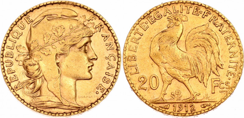 France 20 Francs 1912
KM# 857; Gold (.900) 6.45 g., 21 mm.; "Marianne Rooster";...