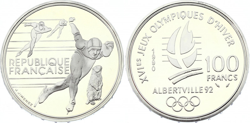 France 100 Francs 1990
KM# 980; Silver Proof; 1992 Olympics, Albertville - Spee...