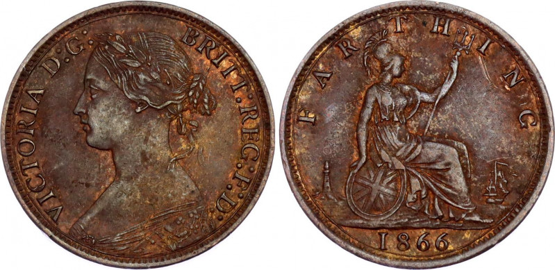 Great Britain 1 Farthing 1866
KM# 747.2; Sp# 3958; Bronze; Victoria; AUNC-