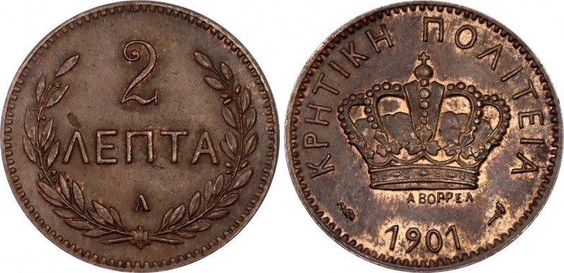 Greece Crete 2 Lepta 1901 A Greek Administration
KM# 2; Silver 1.93 g.; Prince ...