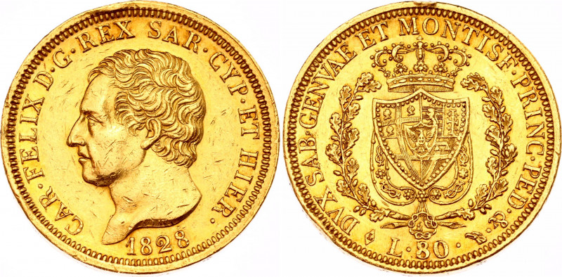 Italian States Sardinia 80 Lire 1828 L
KM# 123.1; Gold (.900) 25.75 g.; Carlo F...