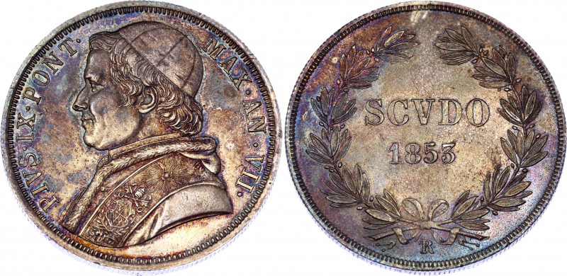 Italian States Vatican 1 Scudo 1853 VII R
KM# 1336.2; Silver; Pio IX; UNC with ...