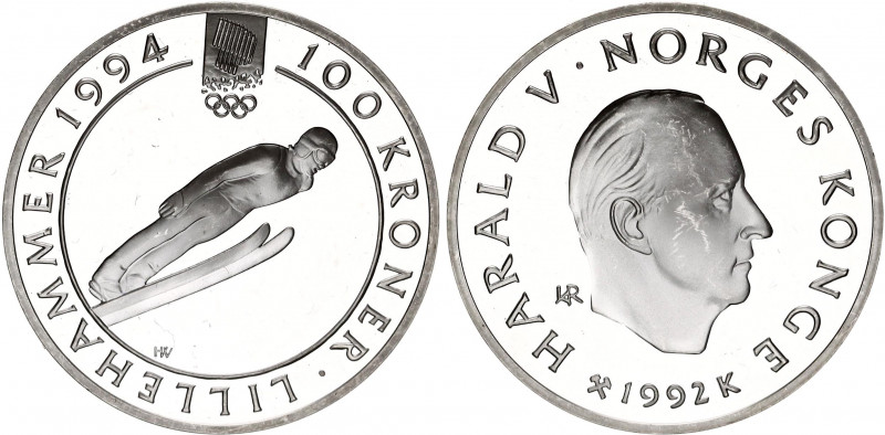 Norway 100 Kroner 1992
KM# 440; Silver, Proof; Olympiad 1994, ski jumpers