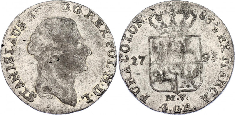 Poland 4 Groschen 1793 MV
Stanislaus August, 1764-1795; Silver, VF.