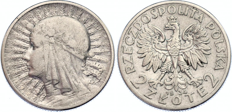 Poland 2 Zlote 1934
Y# 20; Polonia; Silver, XF.