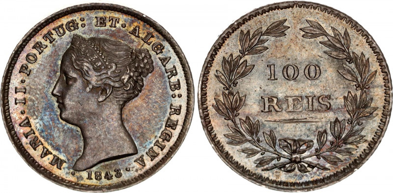 Portugal 100 Reis 1843
KM# 473; Silver; Maria II; With beautiful toning