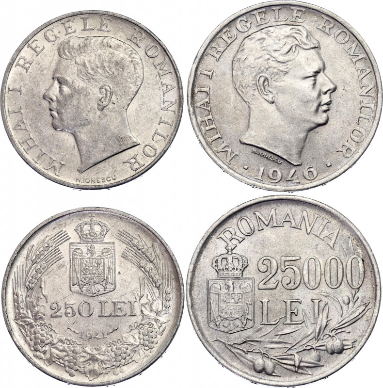 Romania 250 & 25000 Lei 1941 - 1946
KM# 59 & 70; Silver; Carol I; AUNC-UNC