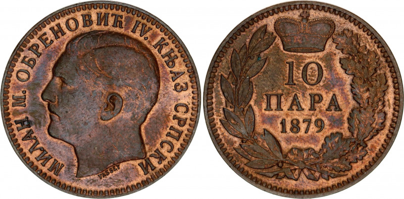 Serbia 10 Para 1879
KM# 8; Copper; Milan Obrenović IV; AUNC