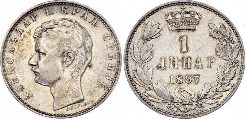 Serbia 1 Dinar 1897
KM# 21; Aleksandr I; Silver, AUNC, patina.