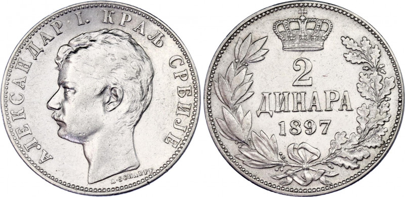 Serbia 2 Dinara 1897
KM# 22; Silver; Aleksandar I; XF+