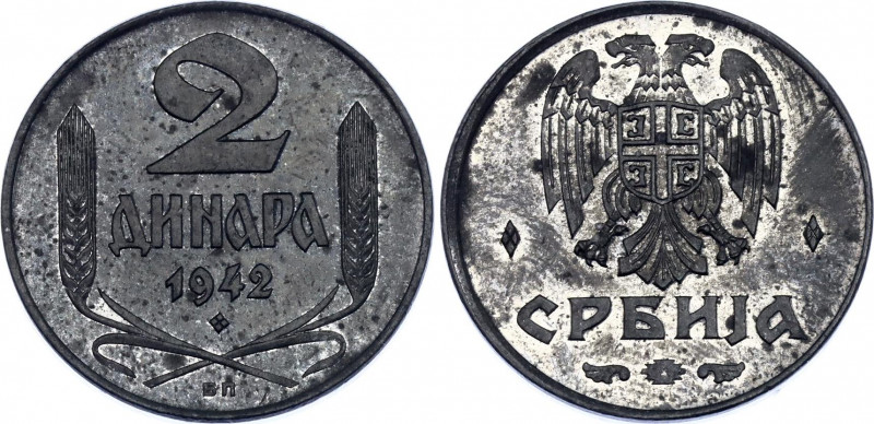 Serbia 2 Dinara 1942
KM# 30; German Occupation; Zinc, BUNC.