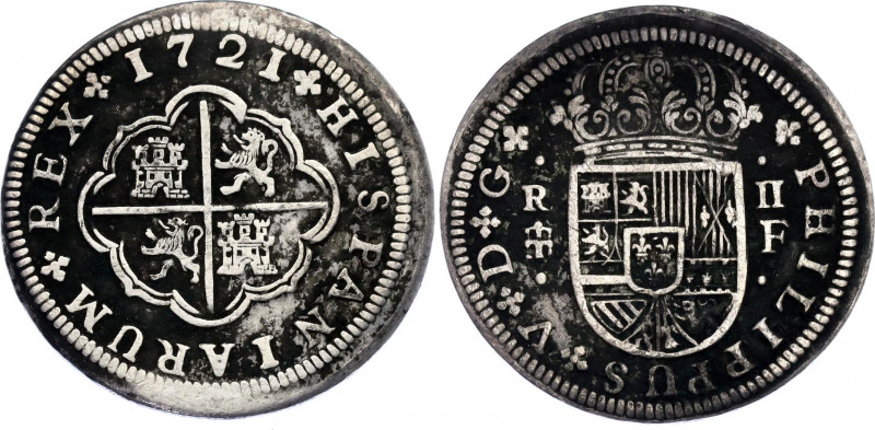 Spain 2 Reales 1721 F
KM# 297; Silver; Philip V; XF