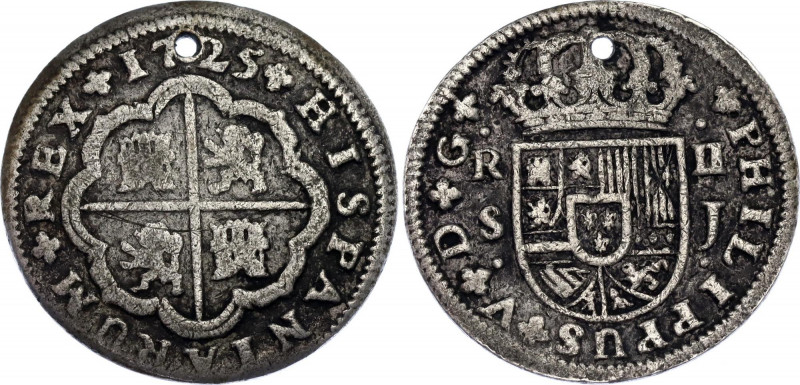 Spain 2 Reales 1725 SJ
KM# 307; Silver; Philip V; VF, holed