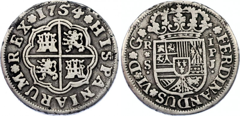 Spain 1 Real 1754 SPJ
KM# 369.2; Silver; Philip V; XF, unmounted