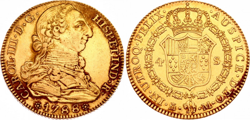 Spain 4 Escudo 1788 MM
KM# 418a.1; Gold (.875) 13.42 g.; Carlos III; Mint: Madr...