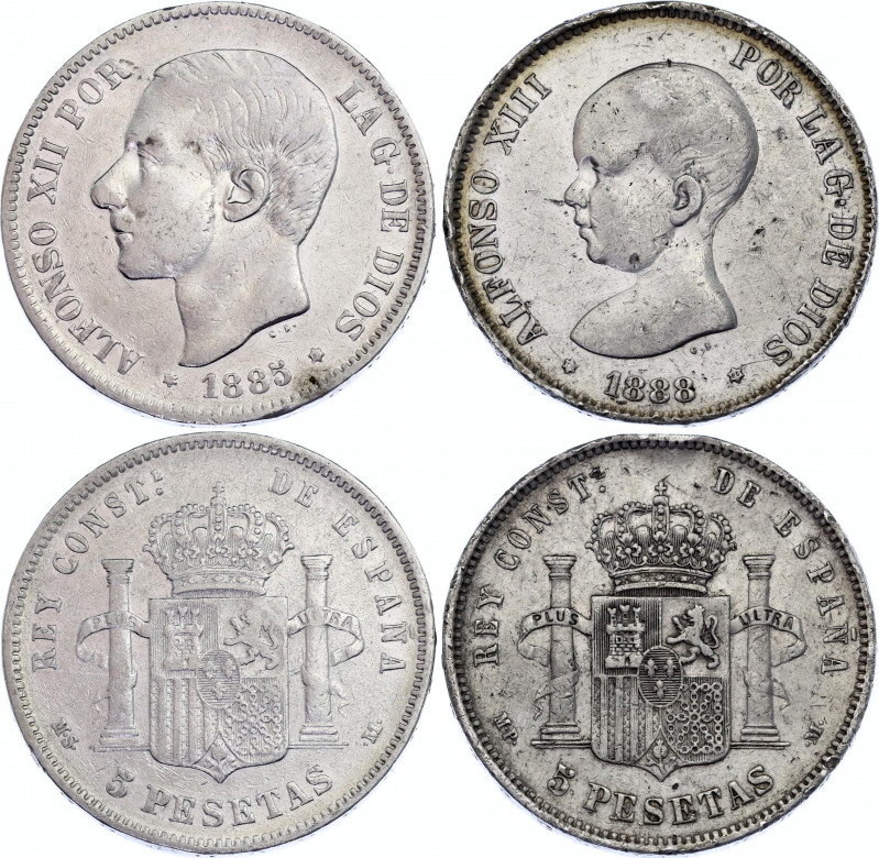 Spain 2 x 5 Pesetas 1885 - 1888
KM# 688, 689; Silver; Alfonso XII & Alfonso XII...