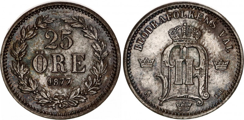 Sweden 25 Ore 1877 Overdate
KM# 738; Silver; Oscar II; UNC with nice toning