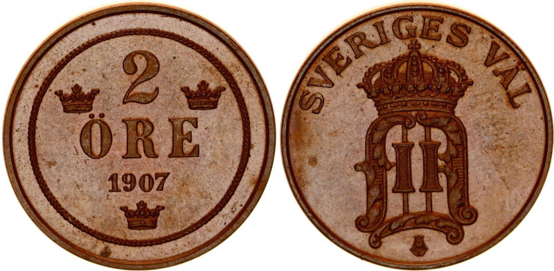 Sweden 2 Ore 1907 Double Strike
KM# 769; Oscar II; UNC with amazing toning