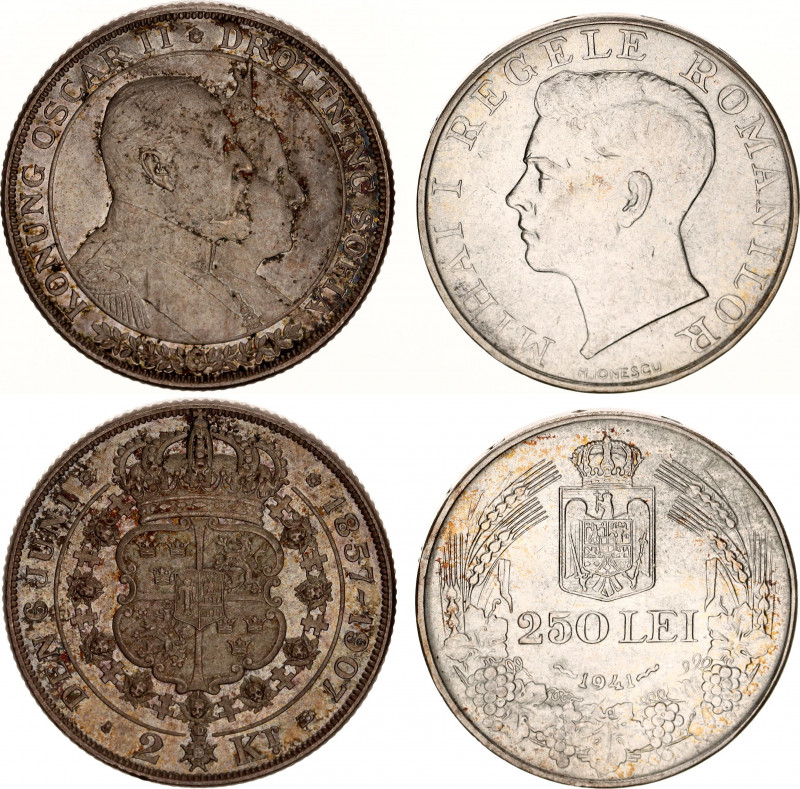 Sweden & Romania 2 Kronor & 250 Lei 1907 - 1941
KM# 776; KM# 59; Silver; Oscar ...