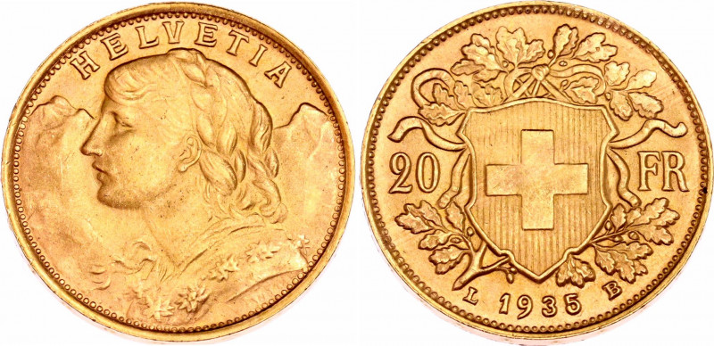 Switzerland 20 Francs 1935 LB
KM# 35.1; Gold (.900) 6.45 g., 21.00 mm.; Vreneli...